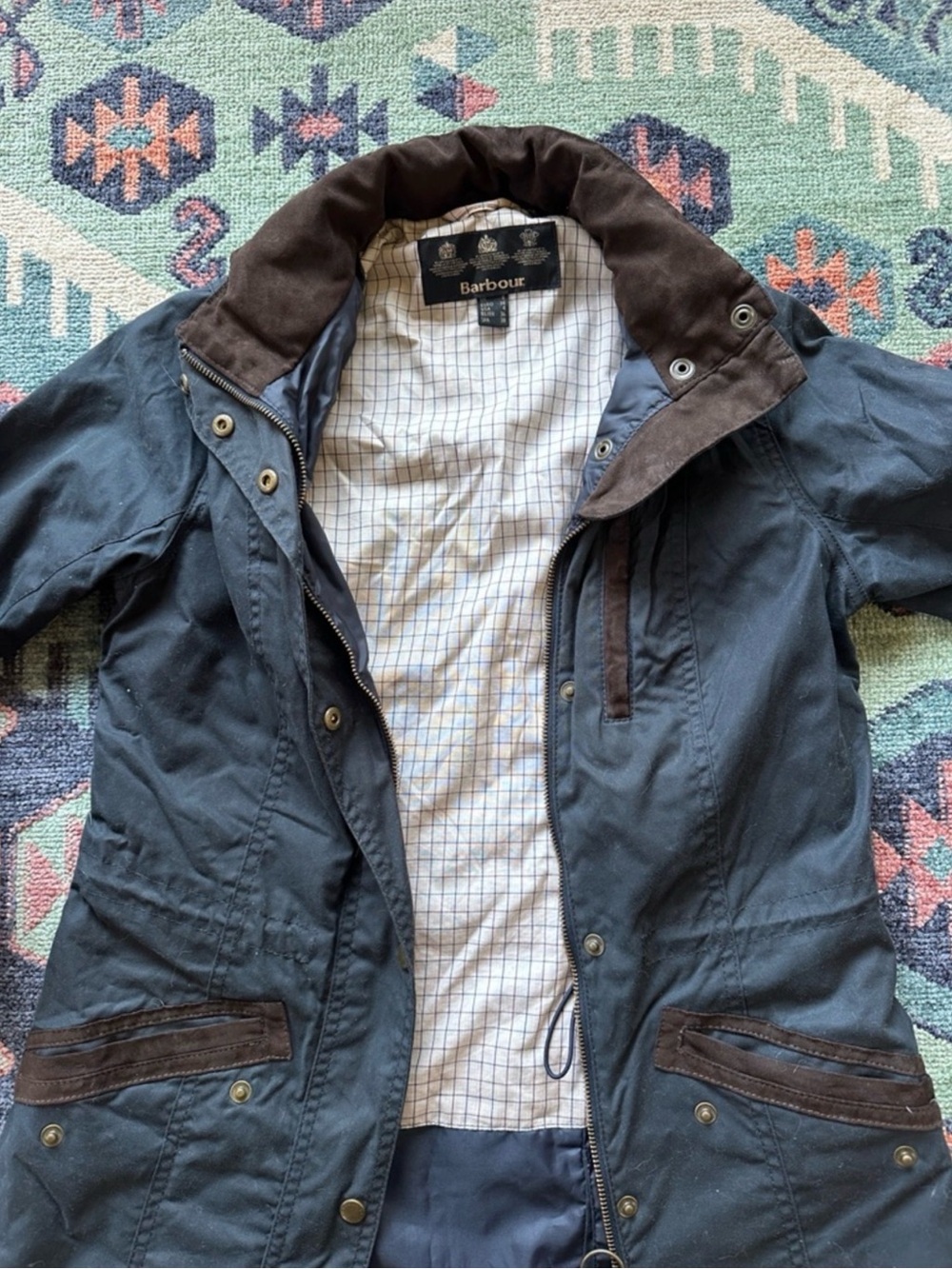 Barbour Women’s size 4 Navy Waxed Cotton Jacket with Brown Trim